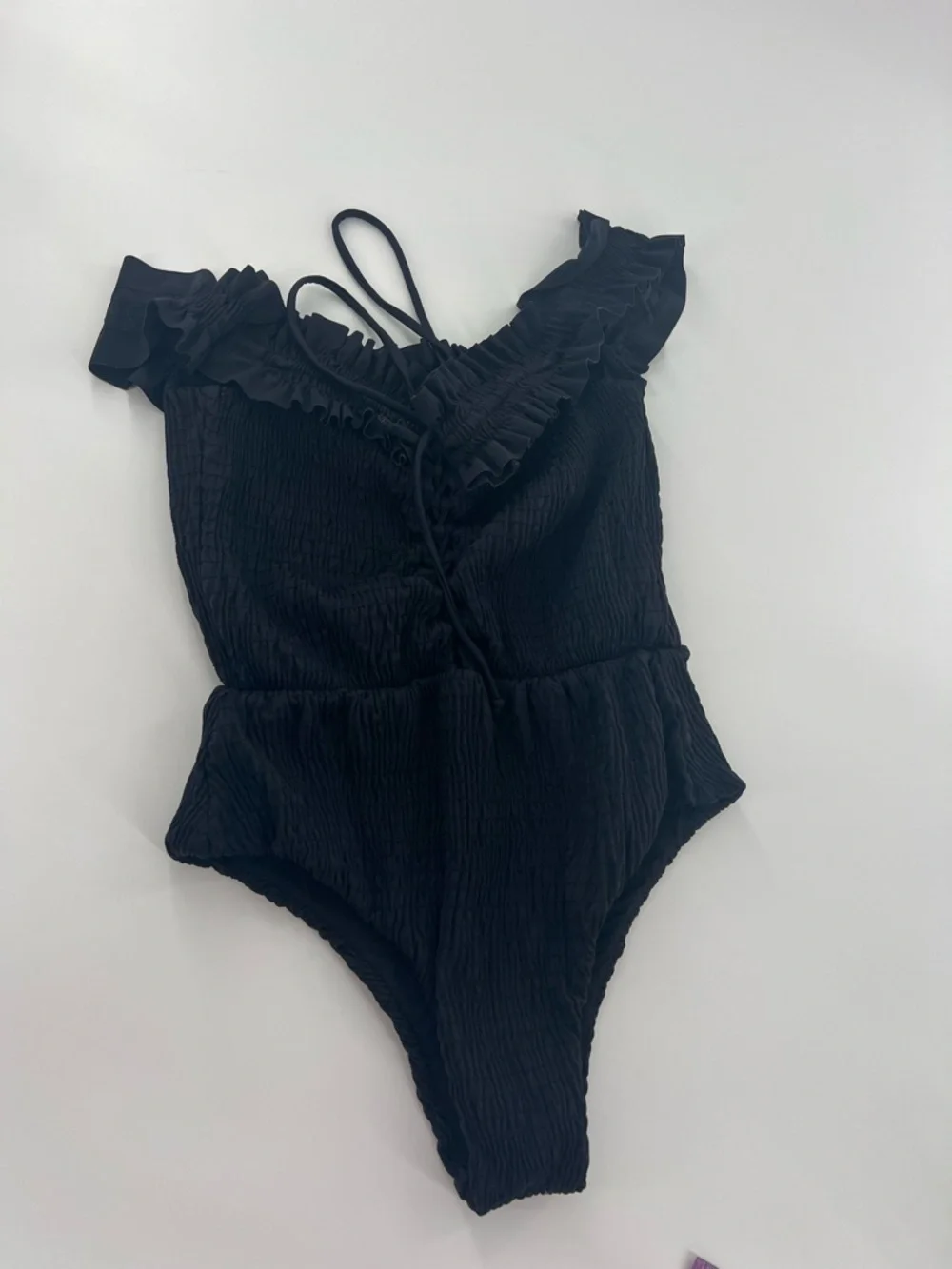 Devon Windsor Valentina‎ Smocked Off-Shoulder Black One-Piece Swimsuit resort